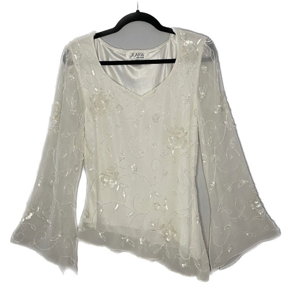 Asymmetrical Beaded Top with Sheer Sleeves